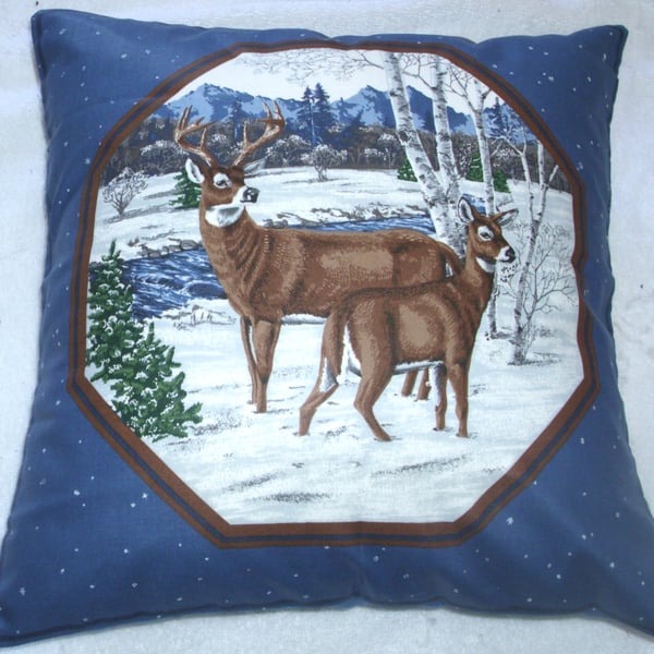 Deer and Stag standing by a river in a wintry forest cushion 
