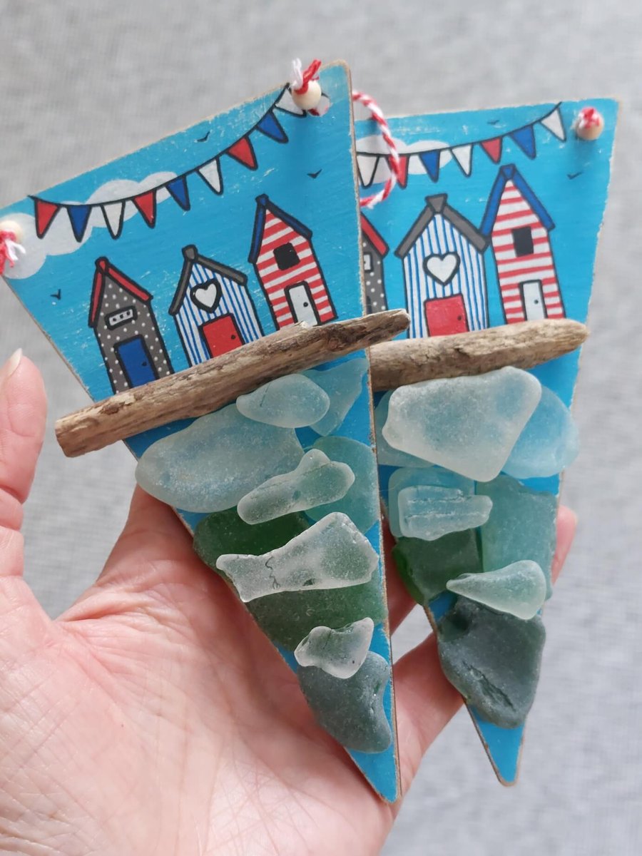 Hand Painted Sea Glass Quirky Beach Hut, Wooden Hanging Decoration, Seaside Gift