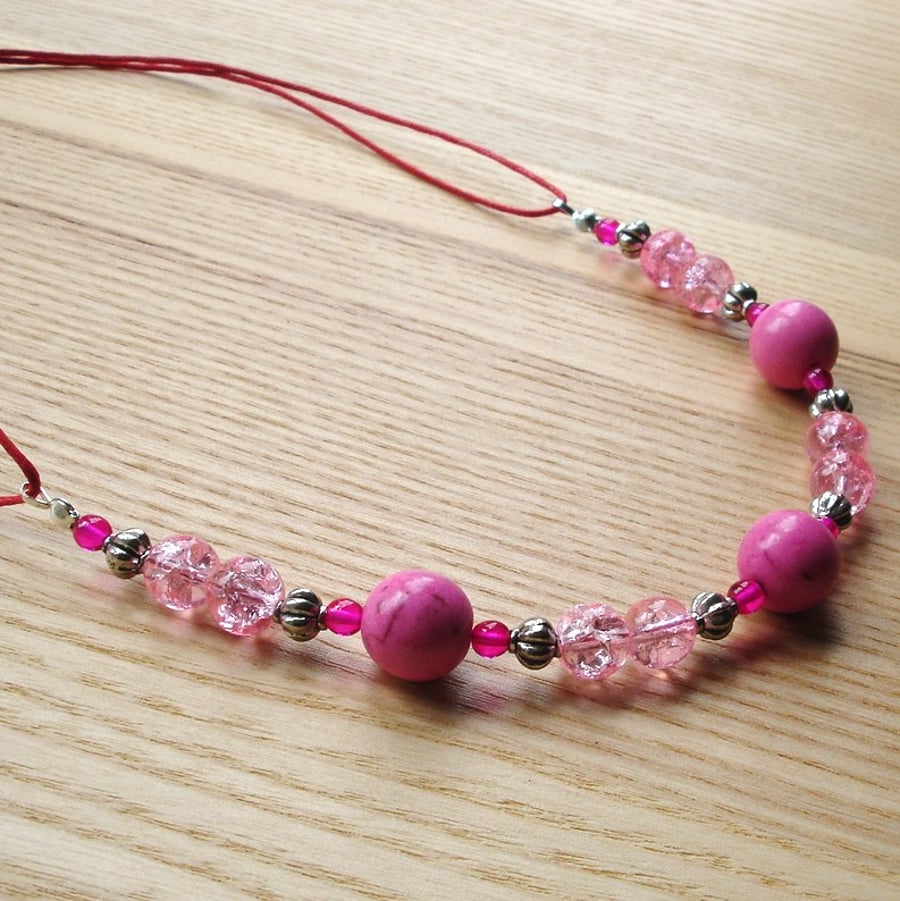 Pink Howlite and Crackle Glass Bead Necklace Jewellery