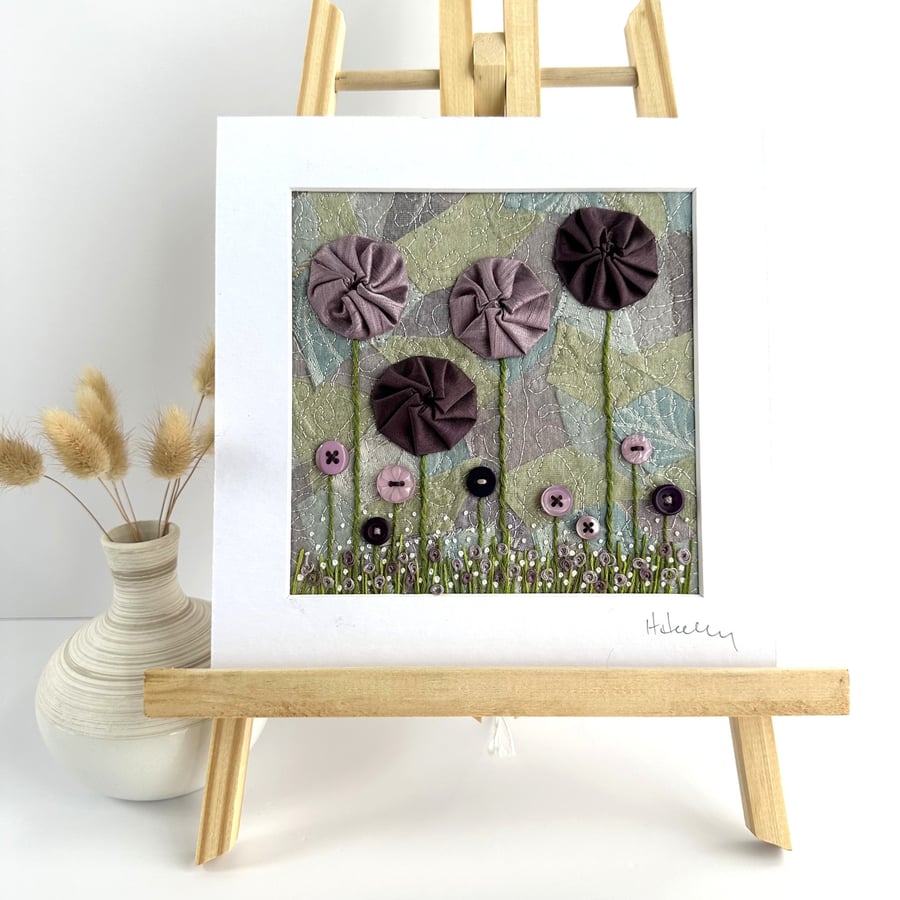 Textile Art, Embroidered Art, Mounted Wall Art - Floral Fantasy