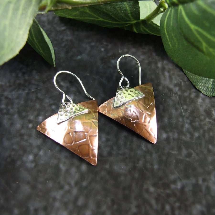 Earrings, Sterling Silver and Copper Triangle Earrings
