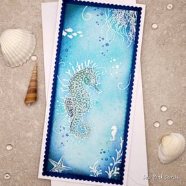 Card -  blank cards, seahorse, sea life, embossed, birthday, thanks, fathers day