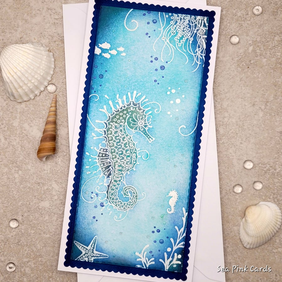 Card -  blank cards, seahorse, sea life, embossed, birthday, thanks, fathers day
