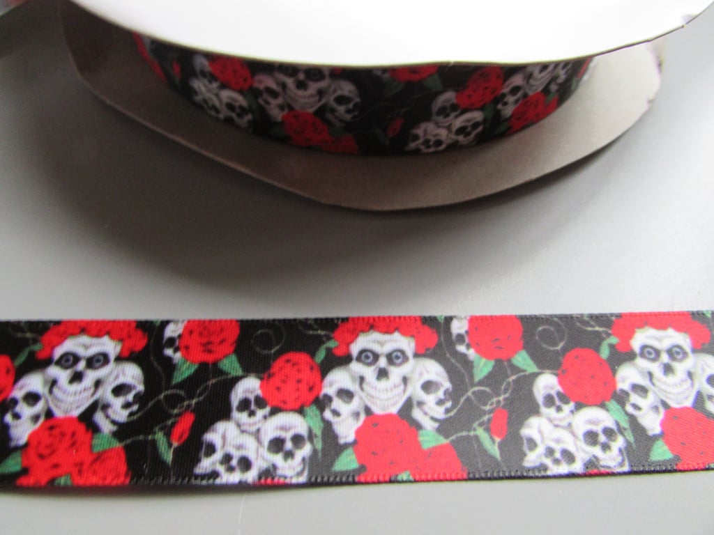 Skulls and Roses Satin Ribbon 2.5cm x 1 Metre