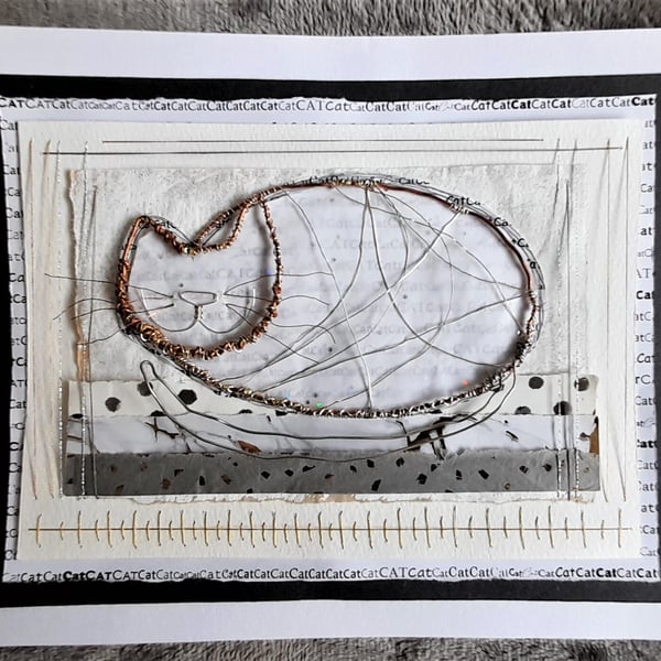 The Happy Curled Up Wire Cat. A Handmade Art Picture. Purfect for Cat Lovers!!!
