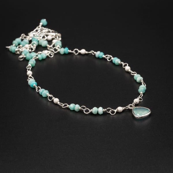 Chalcedony and Amazonite sterling silver gemstone link necklace, Virgo gift