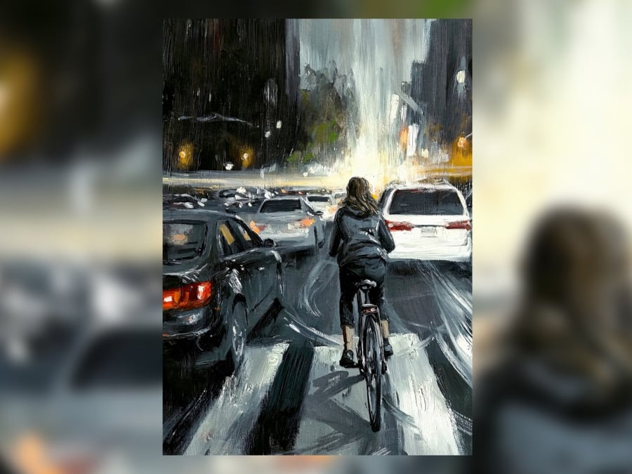 Urban Cycling, Night Ride Through City Traffic  Oil Painting 5"x7" Matte Print