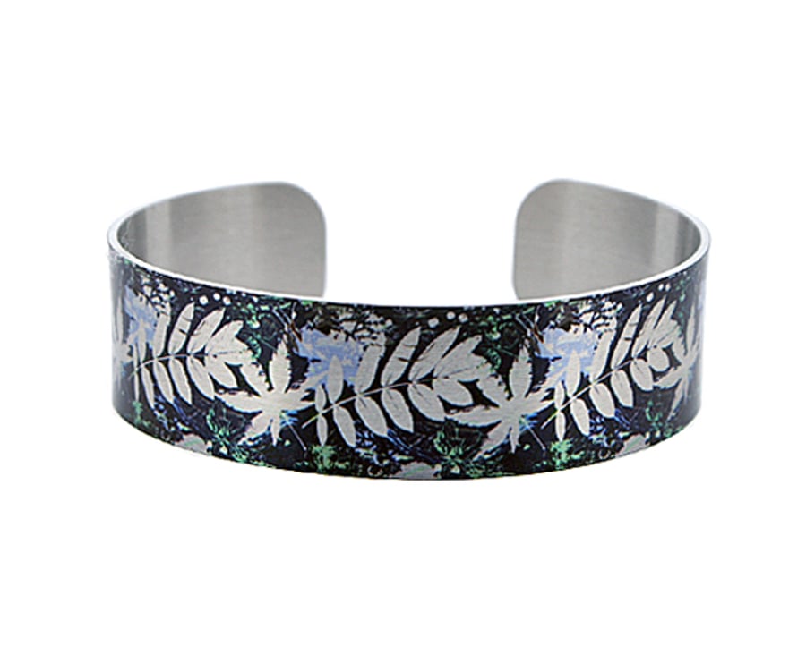  Brushed silver narrow metal cuff bracelet in blue, ferns and leaves. B342