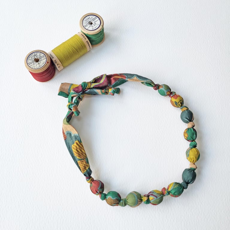 Green, Brown, Maroon & Mustard Liberty Print Fabric Necklace - Prospect Flower C