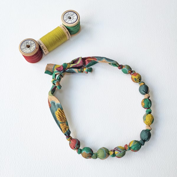 Green, Brown, Maroon & Mustard Liberty Print Fabric Necklace - Prospect Flower C