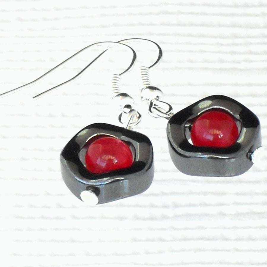 Red jade and hematite earrings