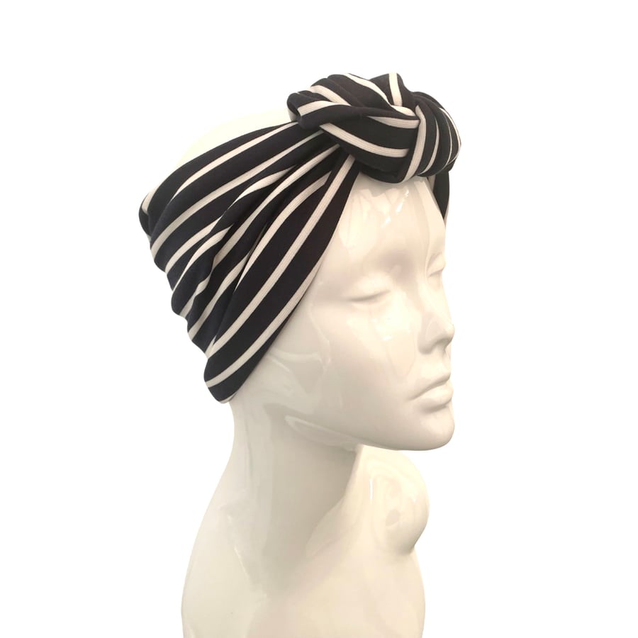 Navy Style Blue White Striped Turban Headband for Women, Extra Wide Head Wrap