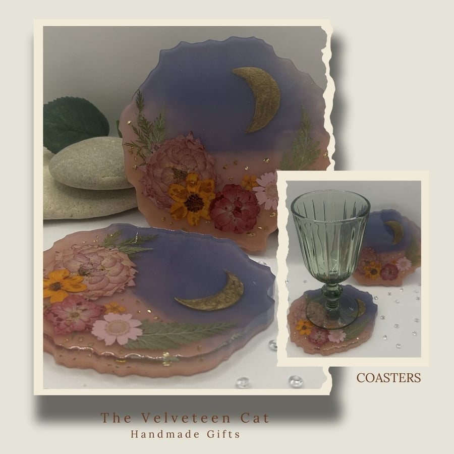 Handmade Resin Irregular Shape Coasters Dried Flowers and Gold Moon - Set of Two