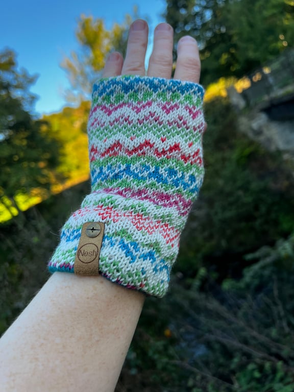 Christmas cream and green knitted fairisle wrist warmers super seconds festival