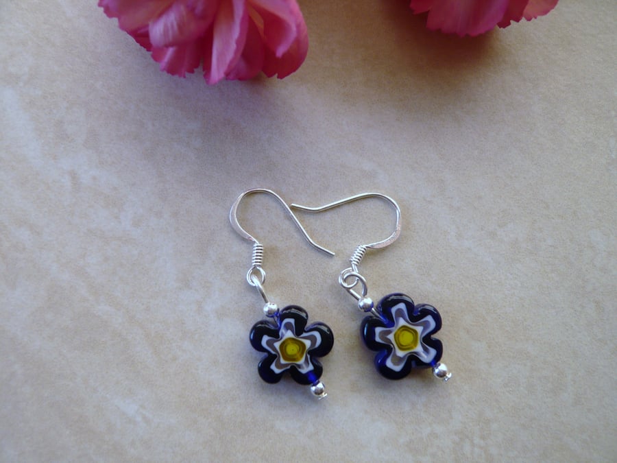 Blue Millefiori Flower Bead Earrings