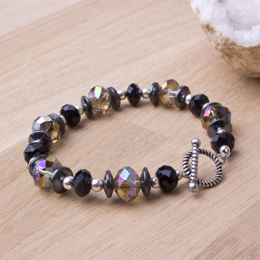  Hematite sparkle bracelet - dark rainbow crystal bracelet