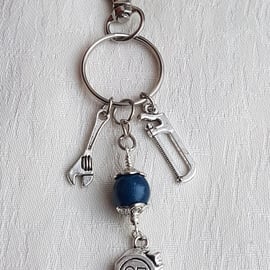 Cool Tools Key Ring No4 - Key Chain - Bag Charm - Blue Wooden Bead.
