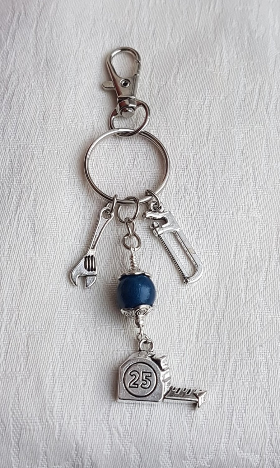 Cool Tools Key Ring No4 - Key Chain - Bag Charm - Blue Wooden Bead.