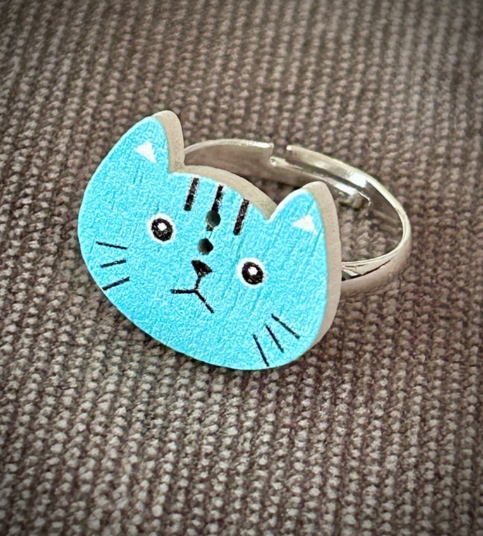 Silver Plated Adjustable Cat Button Ring