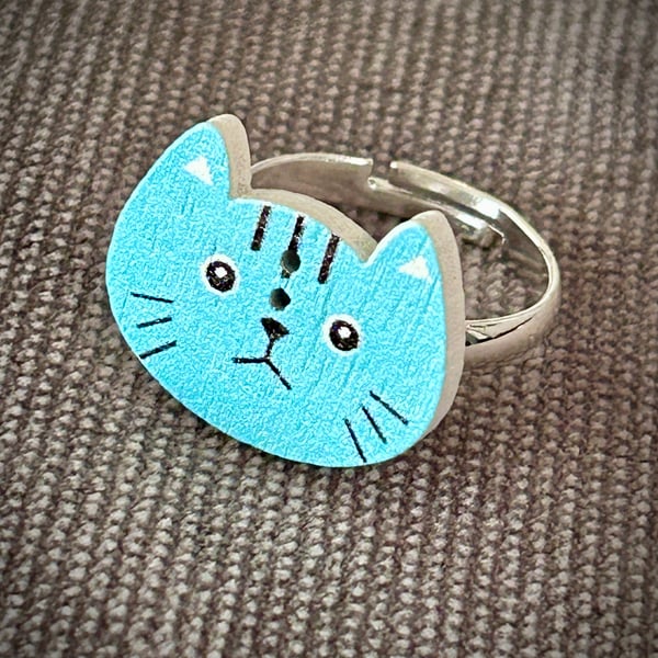 Silver Plated Adjustable Cat Button Ring
