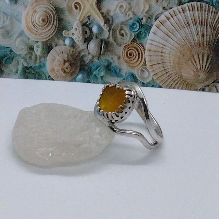 Rare yellow Seaham Sea glass wave ring sterling .925