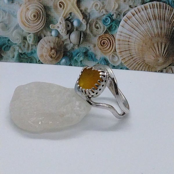 Rare yellow Seaham Sea glass wave ring sterling .925