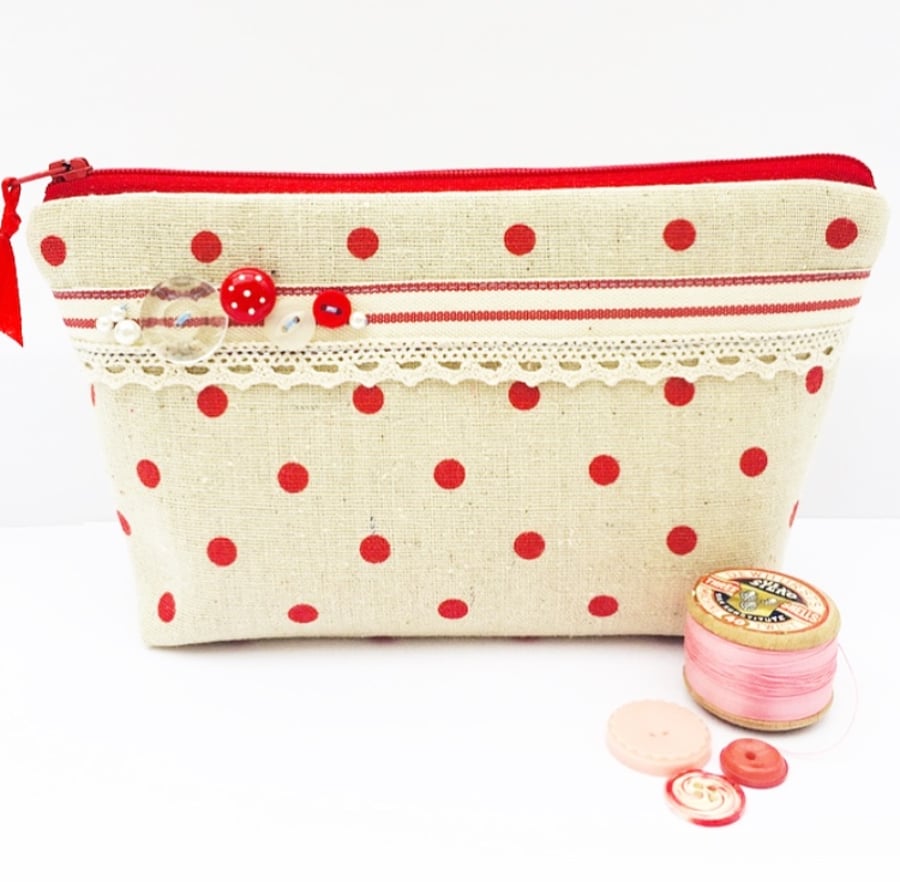 Make Up Bag, Cosmetics Bag, Toiletry Bag with Vintage Buttons, Ribbon and Lace