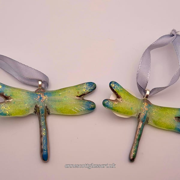 Two Handmade Fused Glass Christmas Decorations Dragonflies Green,Turquoise, Plat