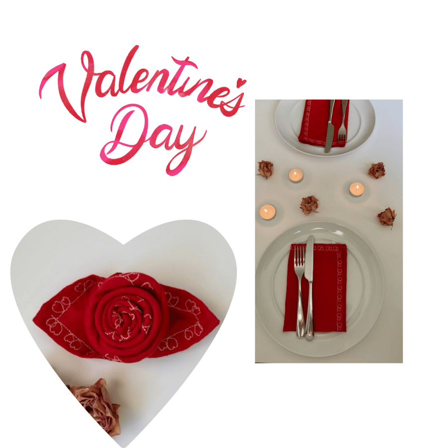 2 red Linen Mix Napkins - Valentine's Day napkins - Hearts embroidered napkins
