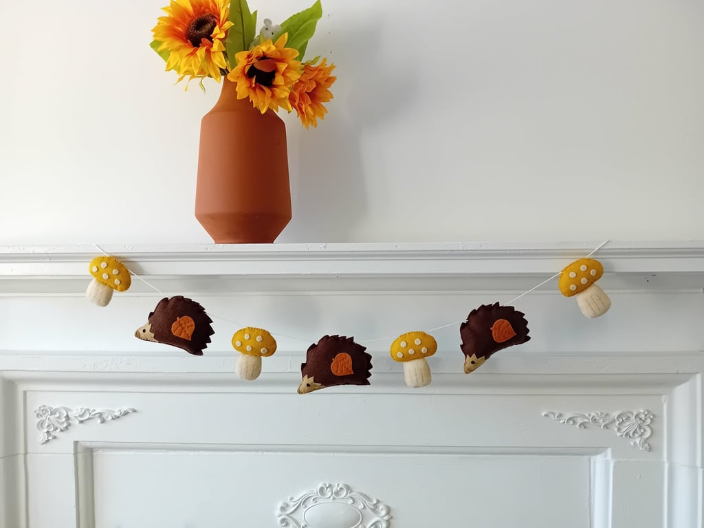Hand Sewn Bunting Garland of Hedgehog and Toadstools