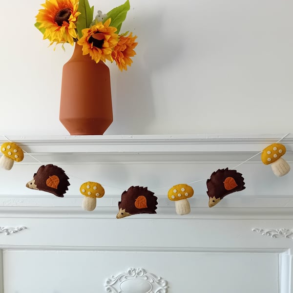Hand Sewn Bunting Garland of Hedgehog and Toadstools