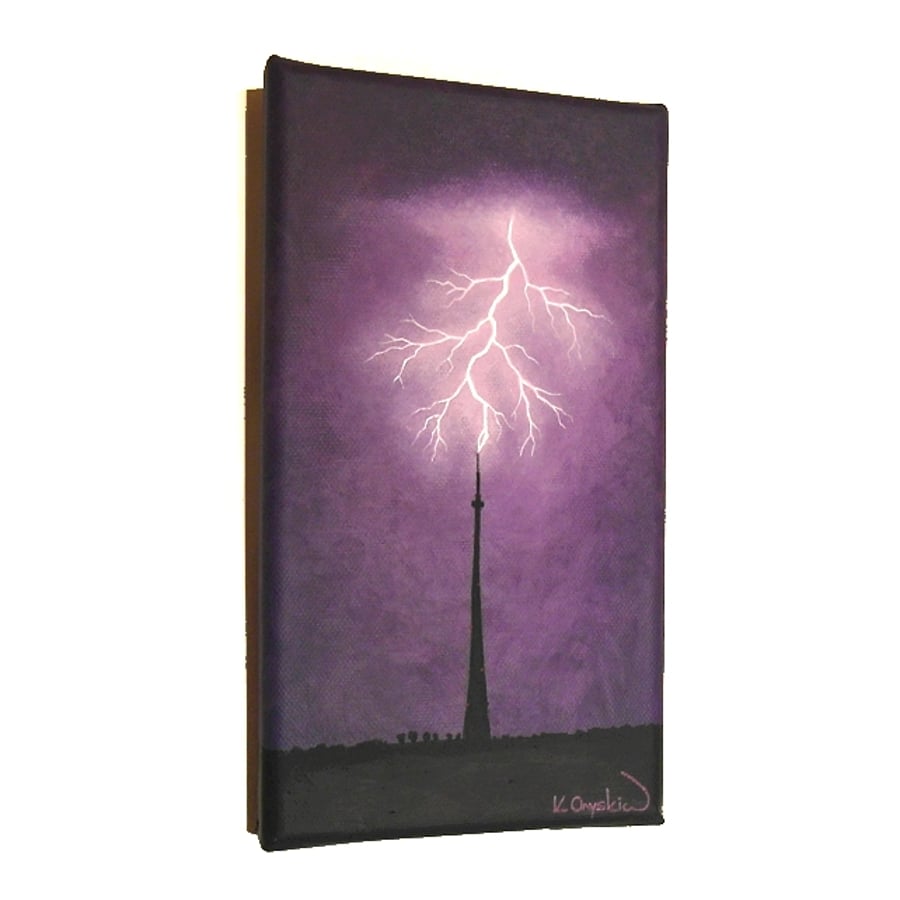 Sold Lightning Strikes Emley Original Painting - acrylic art of Yorkshire scene