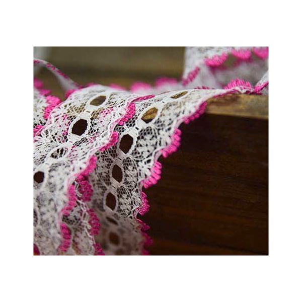 Cerise Pink and white eyelet knit in lace 35mm x 2 metres