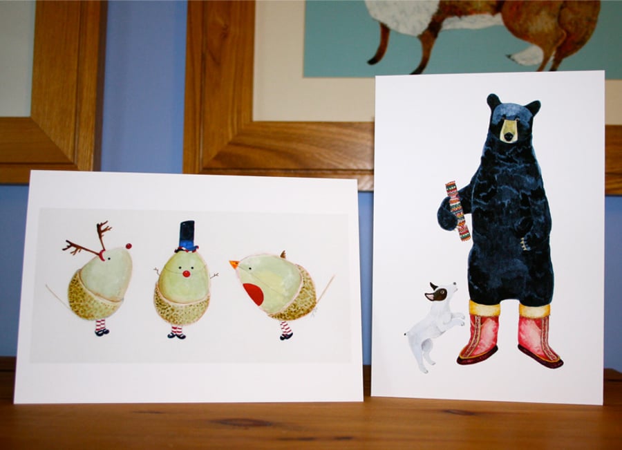 Christmas cards, Pack of two, Black Bear with Dog and Three  Christmas Acorns  