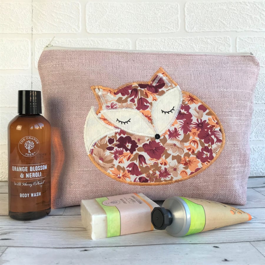 Sleepy Fox toiletry bag, wash bag in pale dusky pink with floral sleeping fox