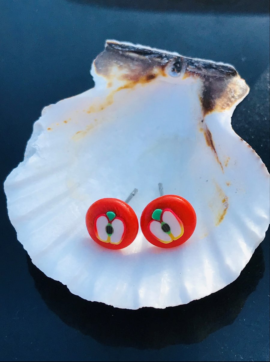 Apple For The Teacher polymer clay stud earrings (red background)
