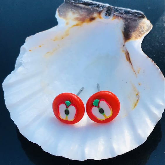 Apple For The Teacher polymer clay stud earrings (red background)