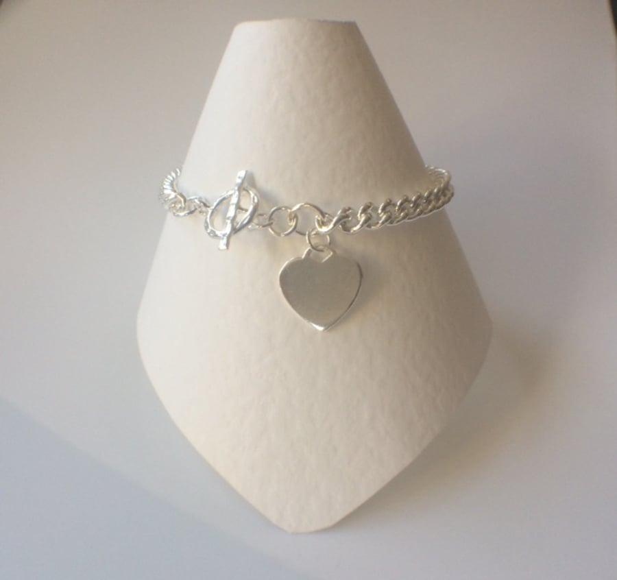 Sterling Silver Heart Charm Curb Chain Bracelet, Toggle Clasp