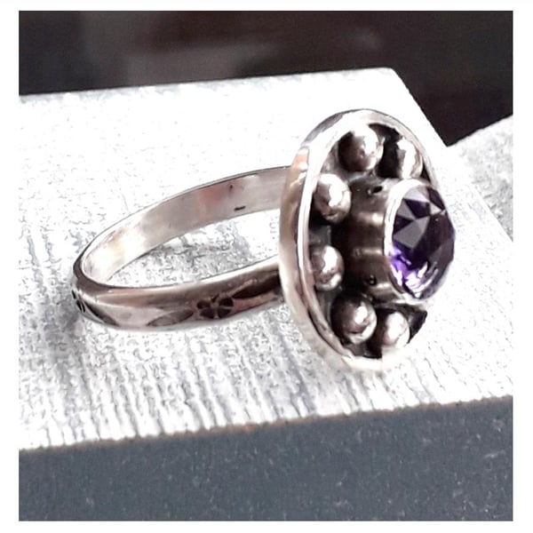 Amethyst Ring , size R , Decorative Silver Ring February birthstone