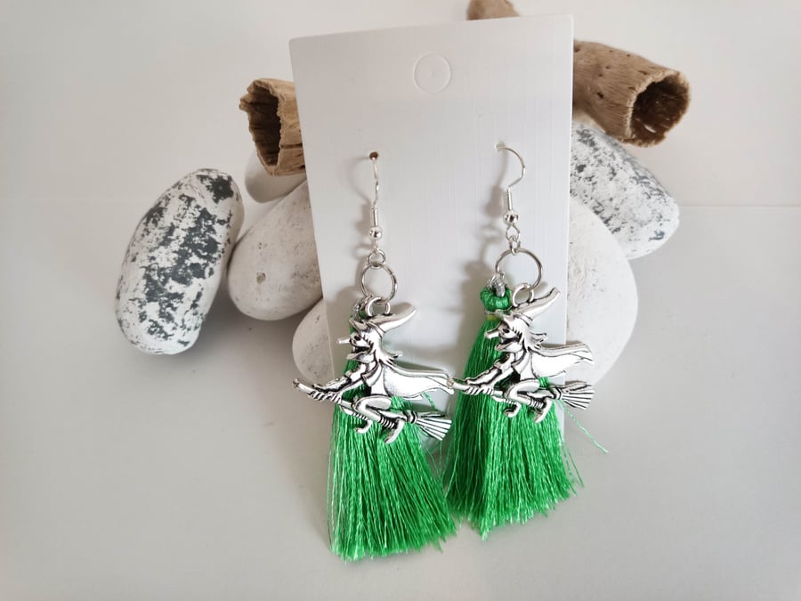 Silver and Green Witch Earrings - Perfect for Halloween