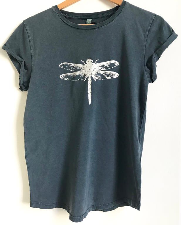 Dragonfly Womens organic cotton rolled short sleeve stonewash denim blue tee