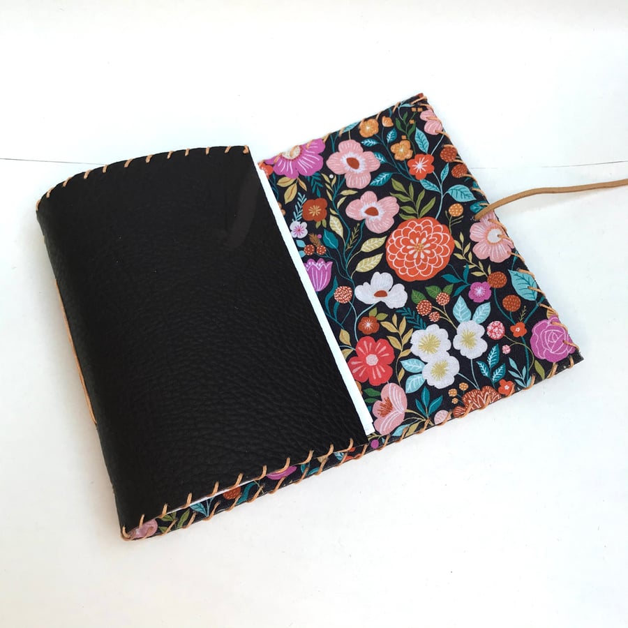 A6 Fold Over Brown Leather handmade notebook floral fabric lining plain paper 