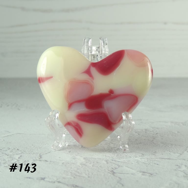 Fused glass pink & cream heart pocket hug with stand 5x4.5cm, handcrafted (0143)