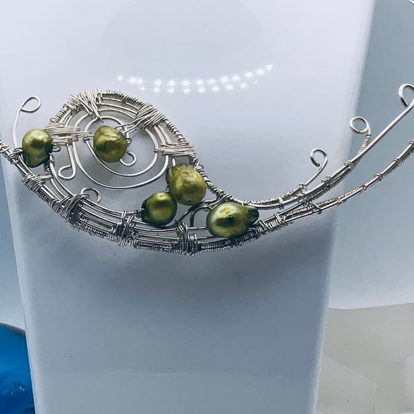 Perfect pearl in moss green paisley style bib necklace