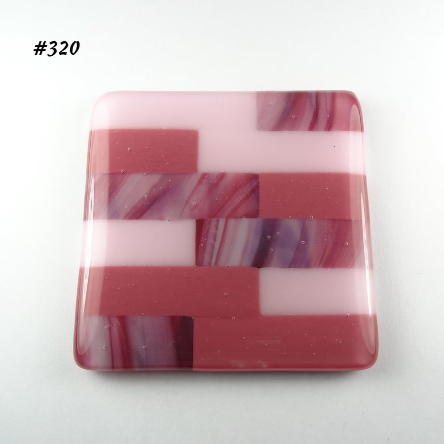 Pink block striped fused glass coaster, 9cm square, 6mm thick, handcrafted