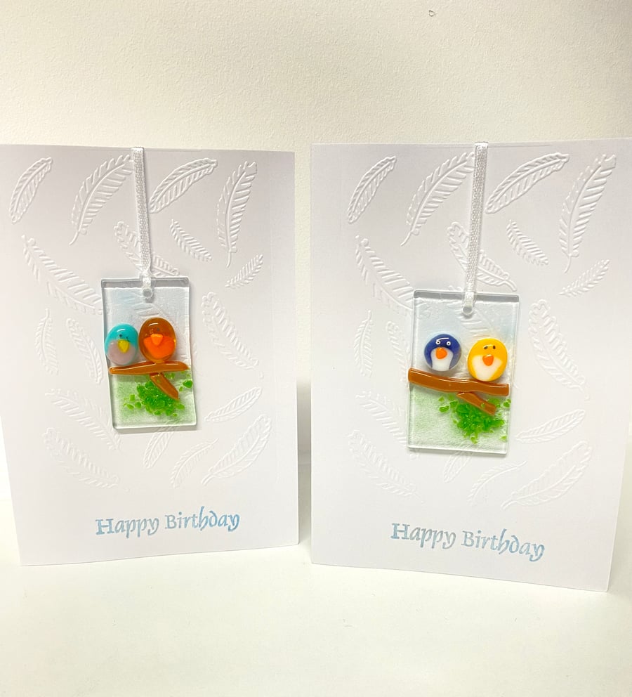 Keepsake birthday card - fused glass bird hanging on embossed card