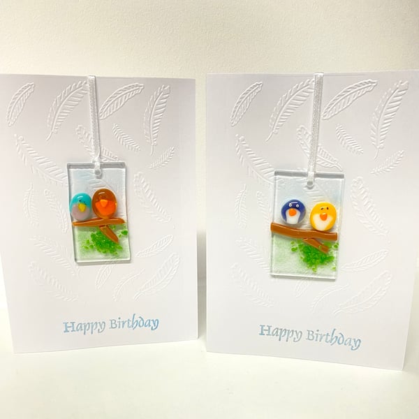 Keepsake birthday card - fused glass bird hanging on embossed card