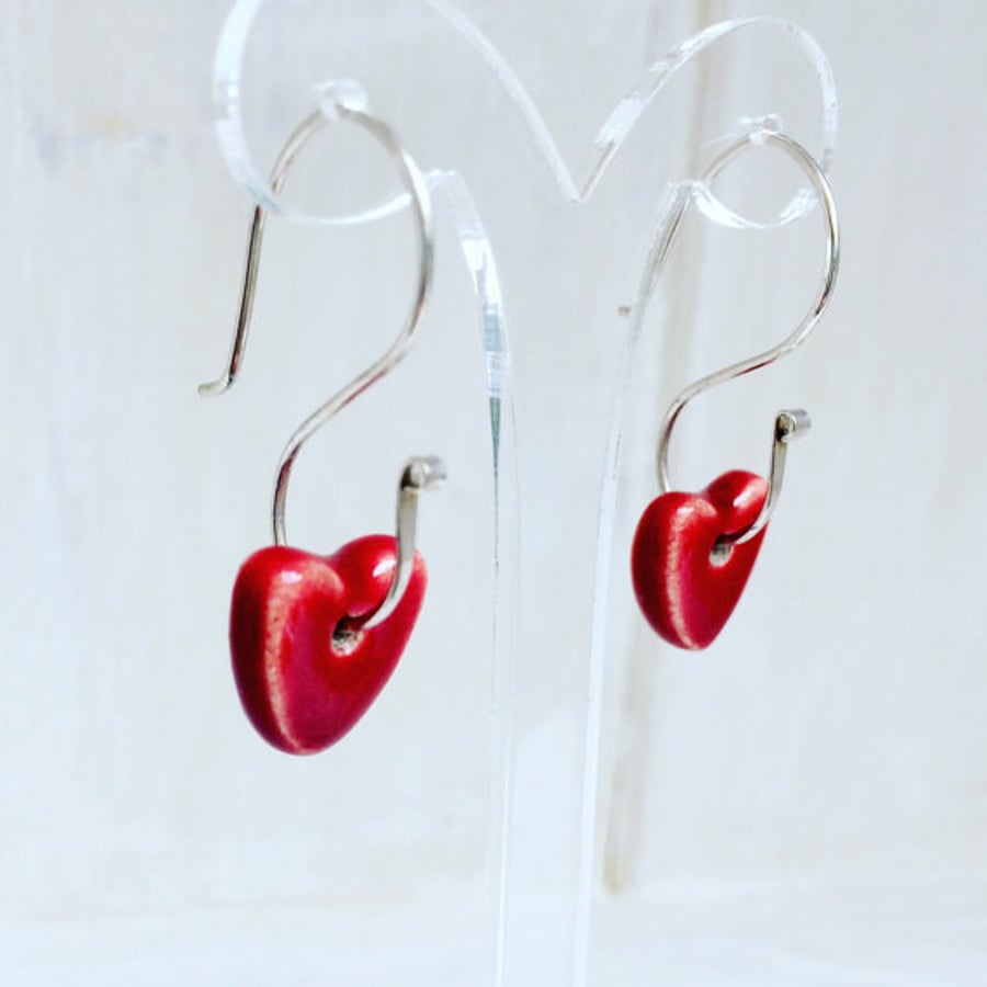 Ruby Red Ceramic Heart Dangle Sterling Silver Earrings