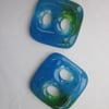 Handmade pair of cast glass buttons - Square blue green jelly