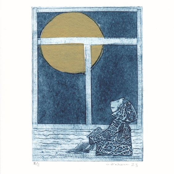 Golden Moon - Original Collagraph Print with Chine Colle